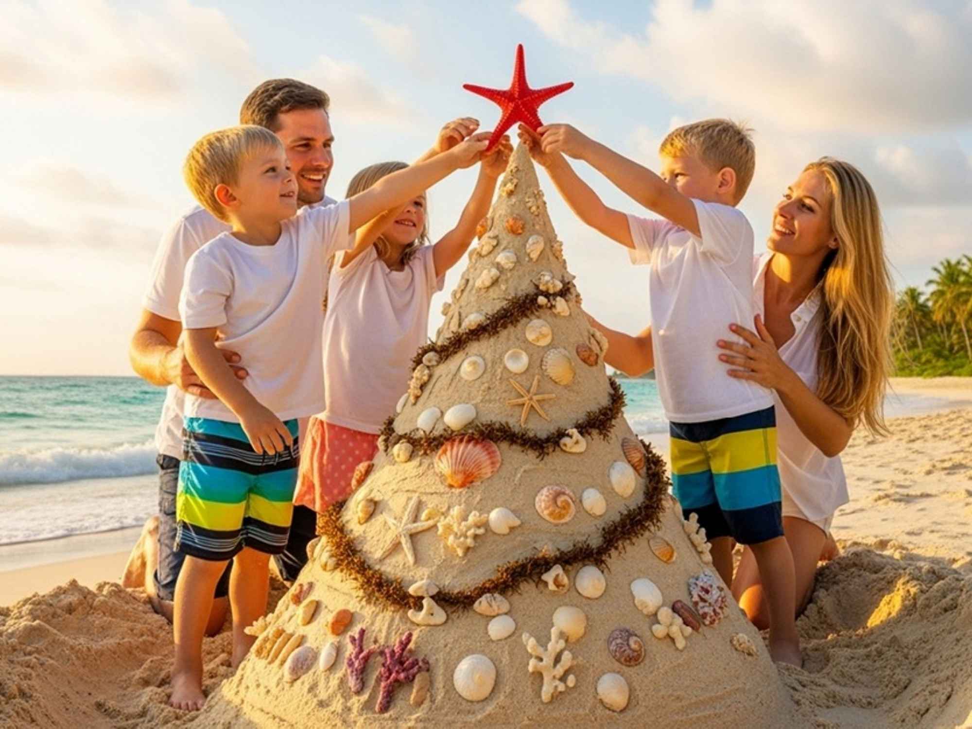 Family decorating a sand Christmas tree on the side of the shoreline